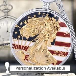 Liberty Collectible Pocket Watch - USA Flag Coin Silver & Gold Patriotic Gift